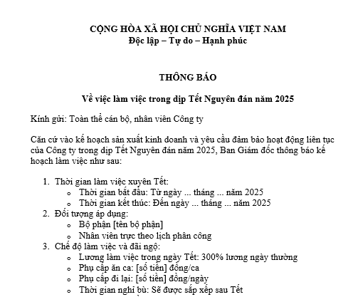 Mẫu Thông báo làm việc xuyên Tết Nguyên đán của công ty