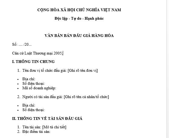 Mẫu văn bản bán đấu giá hàng hóa do người tổ chức đấu giá lập