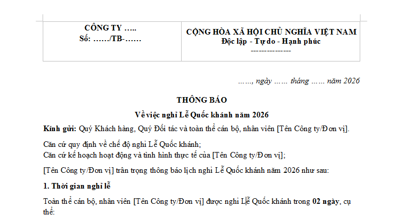 Mẫu Thông báo lịch nghỉ Quốc Khánh 2026 2 ngày 1/9 và 2/9