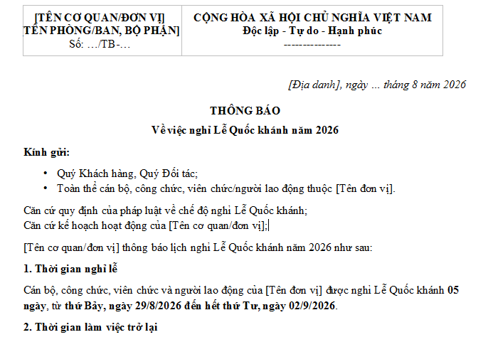 Mẫu Thông lịch nghỉ Quốc khánh 2/9 5 ngày từ 29/8/2026 đến 02/9/2026 có dạng ra sao?