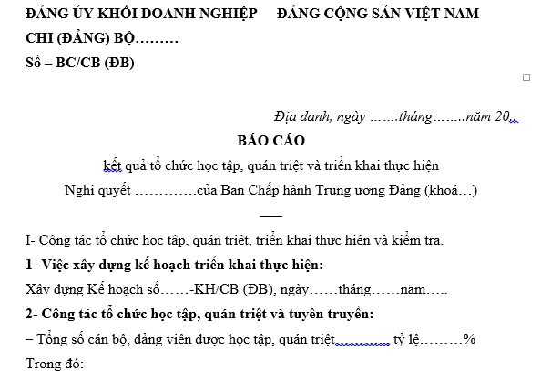 Mẫu báo cáo kết quả tổ chức học tập, quán triệt và triển khai thực hiện Nghị quyết của Đảng