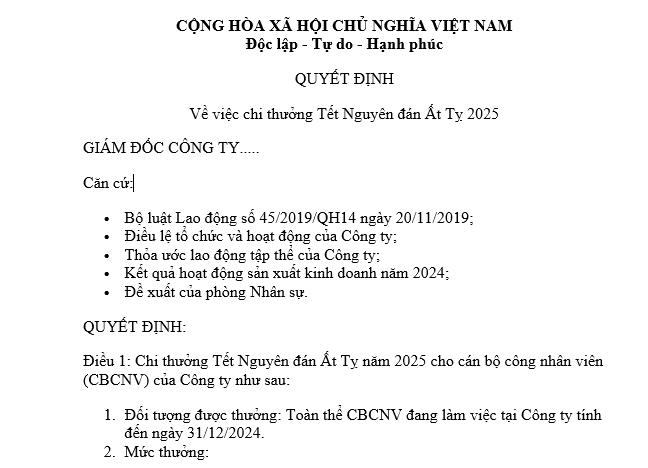 Mẫu quyết định thưởng Tết Âm lịch mới nhất