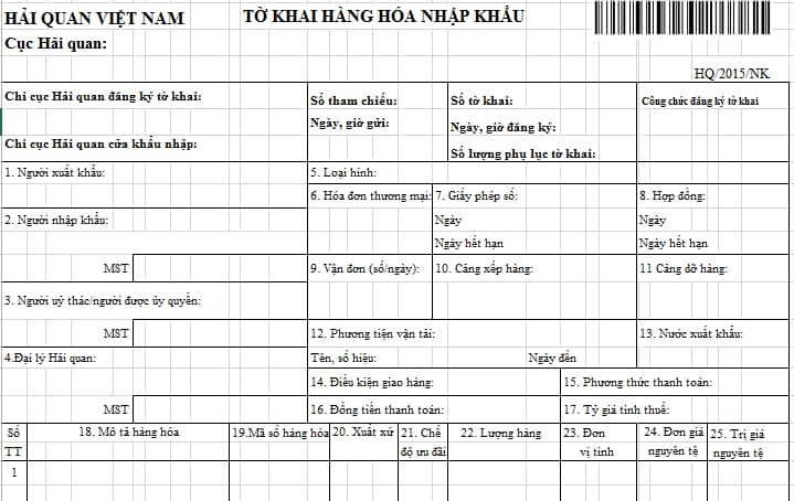 Mẫu HQ/2015/NK Tờ khai hàng hóa nhập khẩu