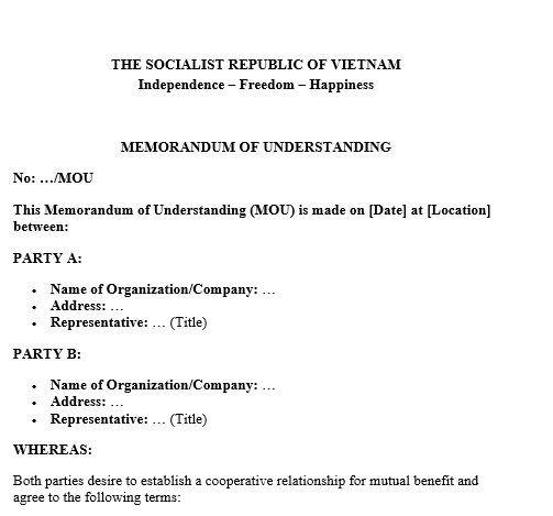  Biên bản ghi nhớ hợp tác tiếng Anh