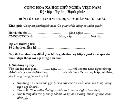 Mẫu đơn tố giác hành vi đe dọa người khác, uy hiếp qua tin nhắn, điện thoại