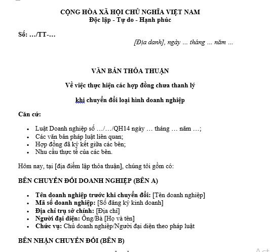  Mẫu văn bản thỏa thuận thực hiện các hợp đồng chưa thanh lý khi chuyển đổi loại hình doanh nghiệp