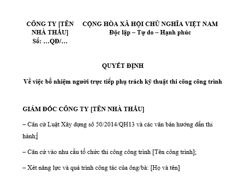 Mẫu quyết định bổ nhiệm người trực tiếp phụ trách kỹ thuật thi công của nhà thầu thi công xây dựng công trình