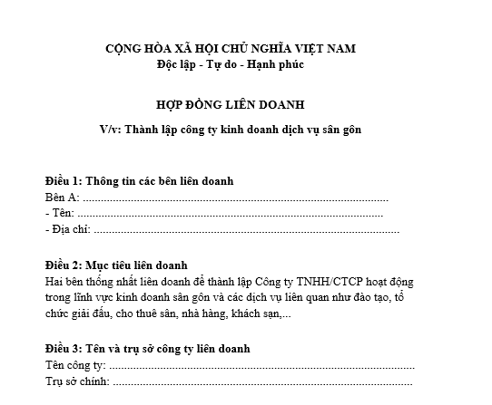 Mẫu hợp đồng liên doanh thành lập công ty kinh doanh dịch vụ sân gôn
