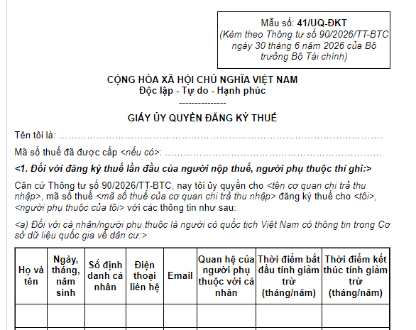 Mẫu Giấy quyền thay đổi thông tin đăng ký thuế người phụ thuộc có dạng như sau: