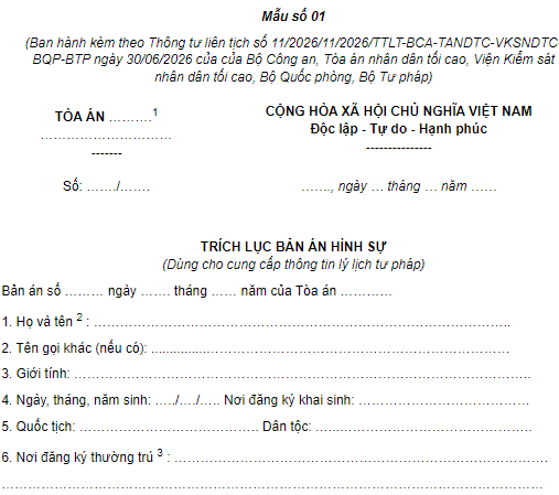 Mẫu Trích lục bản án hình sự dùng cho cung cấp thông tin lý lịch tư pháp 2026