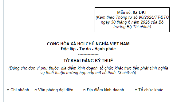 Mẫu tờ khai đăng ký thuế chi nhánh, văn phòng đại diện được cấp MST 13 chữ số