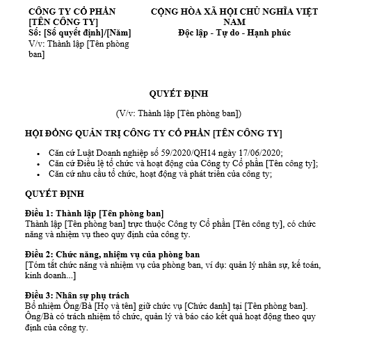 Mẫu quyết định thành lập phòng ban công ty cổ phần