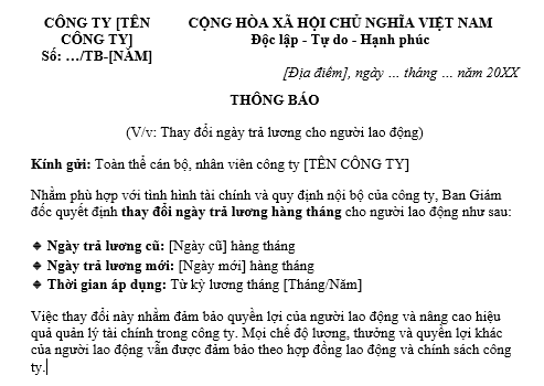 Mẫu thông báo thay đổi ngày trả lương cho người lao động dành cho doanh nghiệp