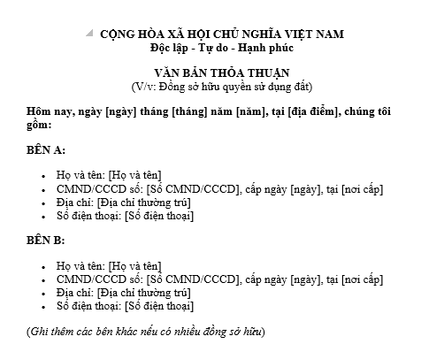 Mẫu Văn bản thỏa thuận về việc đồng sở hữu đất của các chủ thể sử dụng đất