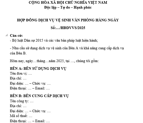 Mẫu hợp đồng thuê dịch vụ vệ sinh văn phòng hàng ngày