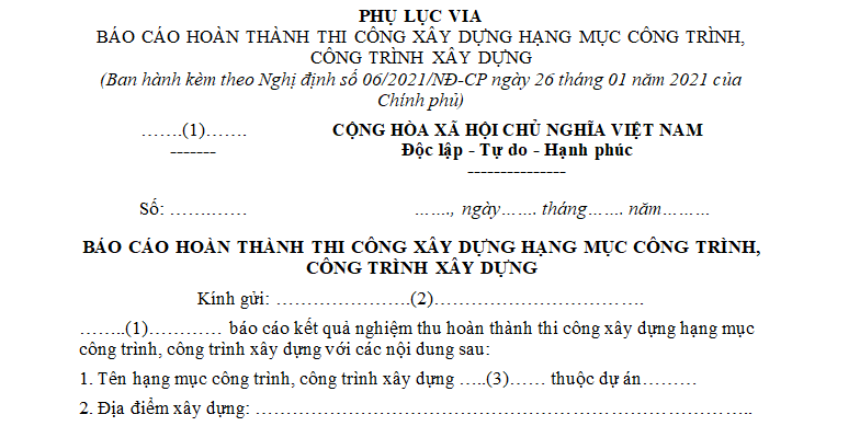 Mẫu báo cáo hoàn thành thi công xây dựng phần công trình trong trường hợp đề nghị kiểm tra công tác nghiệm thu từng phần công trình