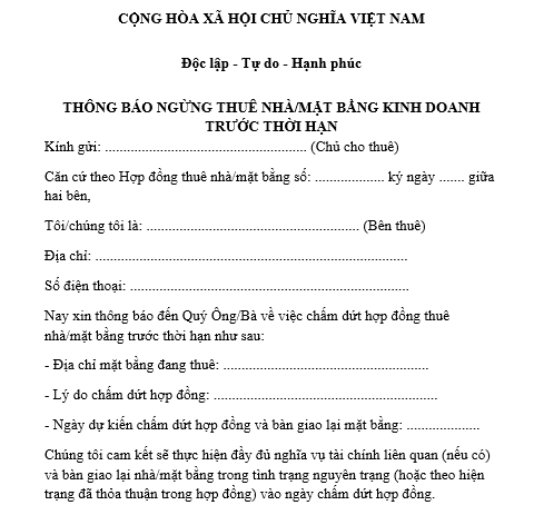Mẫu thông báo ngừng thuê nhà, mặt bằng kinh doanh trước thời hạn