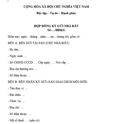 Mẫu Hợp đồng ký gửi nhà đất