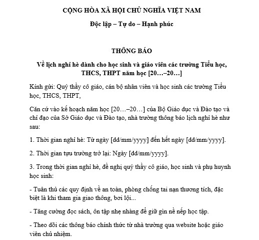 Mẫu thông báo lịch nghỉ hè dành cho học sinh, giáo viên các trường cấp 1,2,3