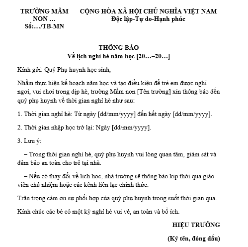 Mẫu Thông báo nghỉ hè của trường mầm non gửi quý phụ huynh học sinh