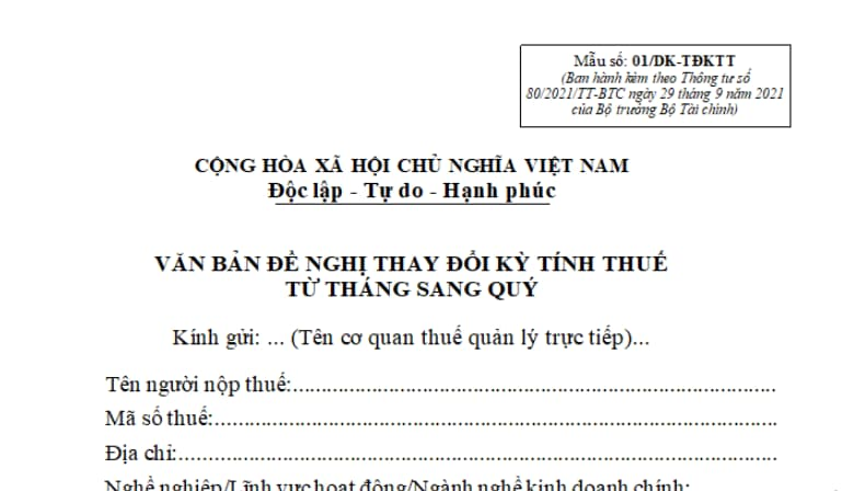Mẫu 01/ĐK-TĐKTT văn bản đề nghị thay đổi kỳ tính thuế từ tháng sang quý mới nhất 2026