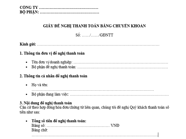 File word mẫu giấy đề nghị thanh toán bằng chuyển khoản gửi khách hàng của doanh nghiệp mới nhất? Tải mẫu? 