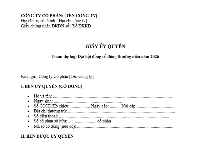 Tải mẫu Giấy ủy quyền tham dự họp Đại hội đông cổ đông thường niên 2026 mới nhất dành cho cổ đông cá nhân?