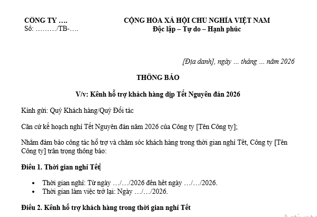Mẫu Thông báo kênh hỗ trợ khách hàng dịp Tết Nguyên đán 2026