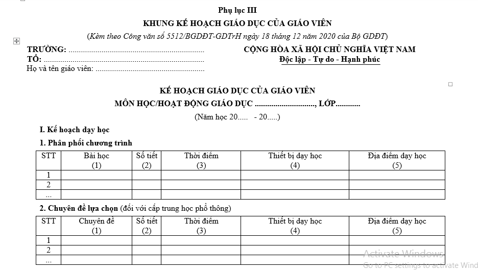 Mẫu khung kế hoạch giáo dục của giáo viên THCS theo Công văn 5512 mới nhất