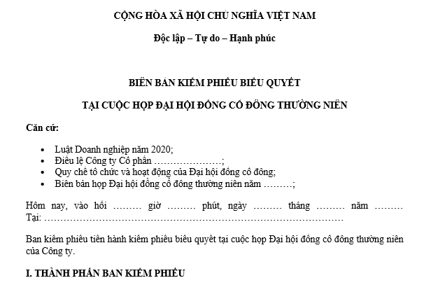Mẫu Biên bản kiểm phiếu biểu quyết tại cuộc họp Đại hội đồng cổ đông thường niên công ty mới nhất