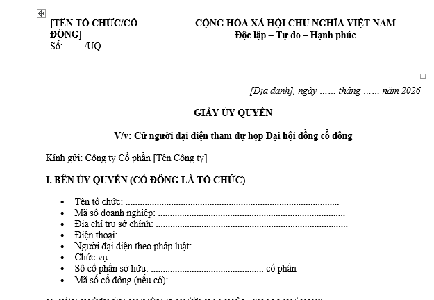 Mẫu Giấy ủy quyền đại diện họp Đại hội đồng cổ đông dành cho cổ đông là tổ chức? Tải Giấy ủy quyền họp Đại hội đồng cổ đông?