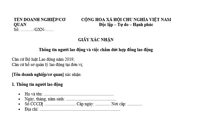 Mẫu giấy xác nhận thông tin người lao động và việc chấm dứt hợp đồng lao động của người sử dụng lao động