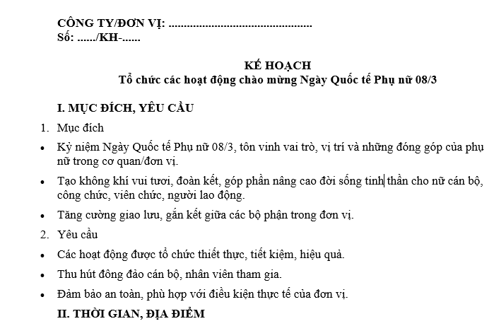  Mẫu kế hoạch tổ chức hoạt động chào mừng ngày Quốc tế Phụ nữ 8/3 mới nhất