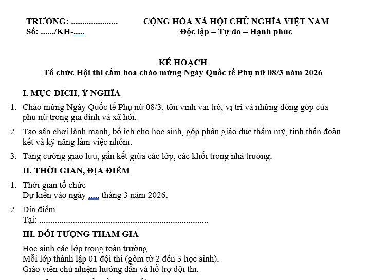 Mẫu kế hoạch tổ chức hội thi cắm hoa ngày Quốc tế Phụ nữ 2026 dành cho trường học các cấp