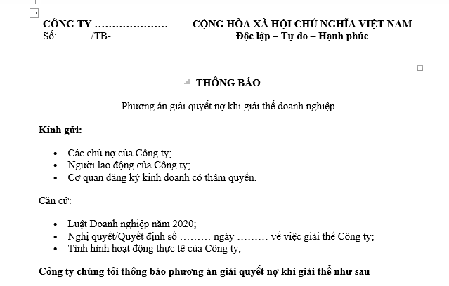 Mẫu Thông báo phương án giải quyết nợ khi giải thể công ty 2026 mới nhất