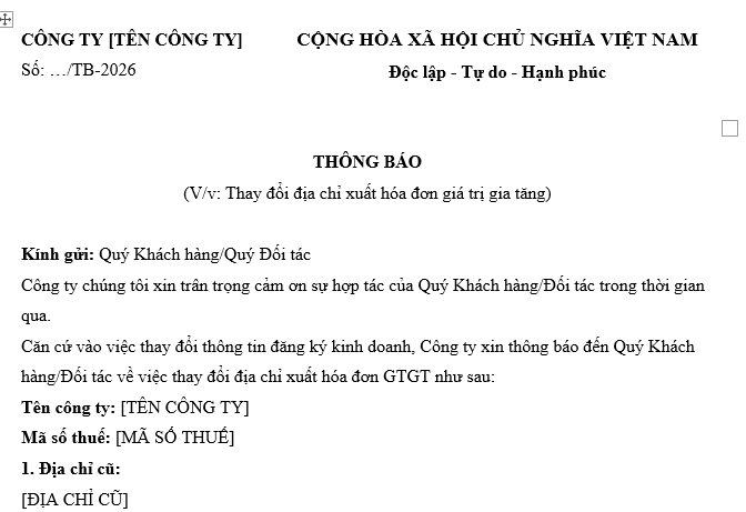 Mẫu Thông báo thay đổi địa chỉ xuất hóa đơn GTGT 2026 gửi đối tác khách hàng
