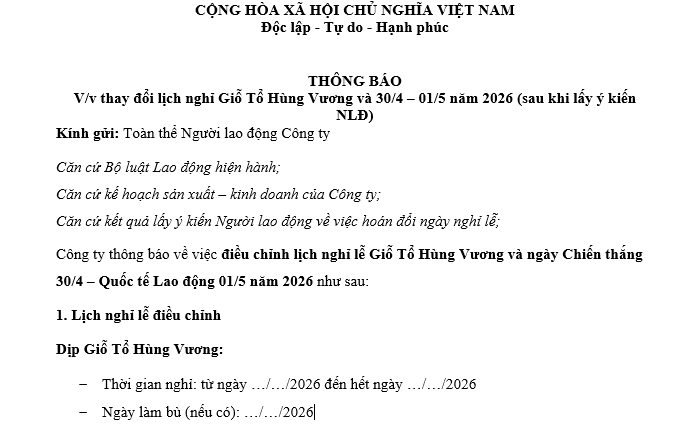 Mẫu Thông báo thay đổi Lịch nghỉ Giỗ tổ Hùng Vương và 30/4 -1/5 năm 2026 sau khi lấy ý kiến NLĐ công ty về hoán đổi ngày nghỉ lễ