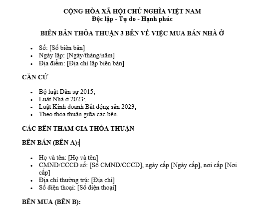 Mẫu biên bản thỏa thuận 3 bên về việc mua bán nhà ở