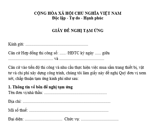 Mẫu giấy đề nghị tạm ứng theo hợp đồng thi công dùng mua sắm trang thiết bị, vật tư, chi phí xây dựng