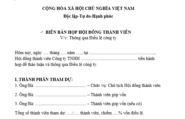 Mẫu Biên bản họp thông qua Điều lệ công ty TNHH
