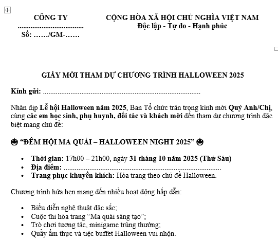 Mẫu Giấy mời tham dự chương trình ngày Halloween mời nhân viên, học sinh, phụ huynh, đối tác hoặc khách mời