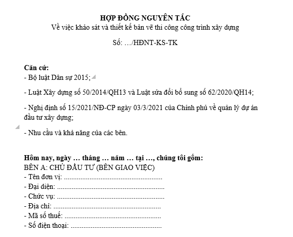 Mẫu hợp đồng nguyên tắc khảo sát thiết kế bản vẽ thi công xây dựng