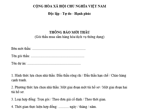 Mẫu thông báo mời thầu đối với đấu thầu hàng hóa dịch vụ? Các hình thức đấu thầu hàng hoá dịch vụ là gì?