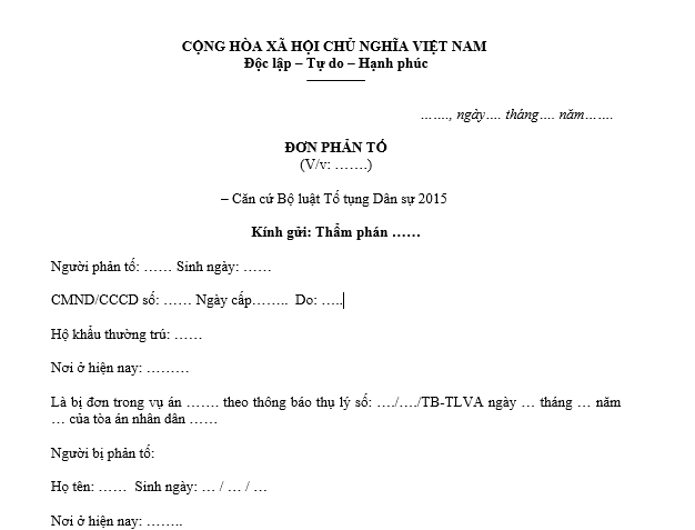 Mẫu Đơn yêu cầu phản tố trong vụ án dân sự