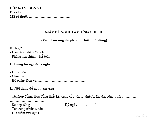 Mẫu Giấy đề nghị tạm ứng chi phí hợp đồng thiết kế, cung cấp vật tư, thiết bị lắp đặt vào công trình xây dựng?