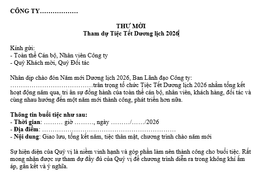 Mẫu Thư mời tham dự tiệc Tết Dương lịch 2026 gửi đến toàn thể nhân viên, khách mời, đối tác công ty? Tải mẫu?