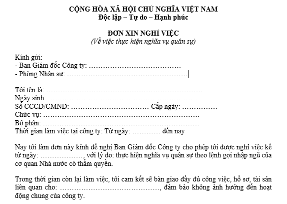 Mẫu Đơn xin nghỉ việc đi nghĩa vụ quân sự