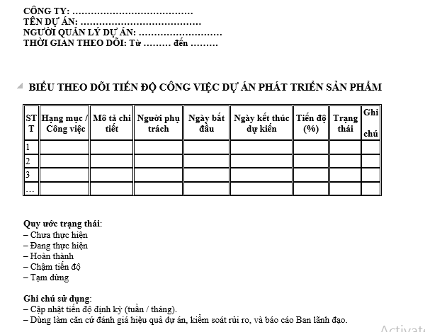Mẫu Biểu‍ theo‍ dõi‍ tiến‍ độ‍ công‍ việc‍ dự án phát triển sản phẩm