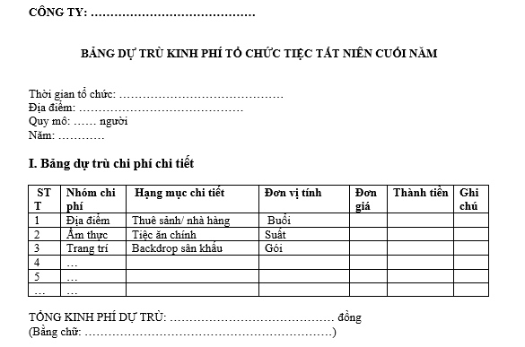 Mẫu bảng dự trù kinh phí tổ chức sự kiện tiệc Tất niên cuối năm
