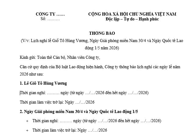 Mẫu thông báo lịch nghỉ lễ giỗ Tổ Hùng Vương 2026, 30 tháng 4 và 1 tháng 5 cho nhân viên công ty